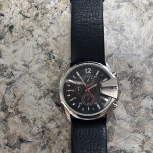Black Leather Strap Watch with Silver Accents